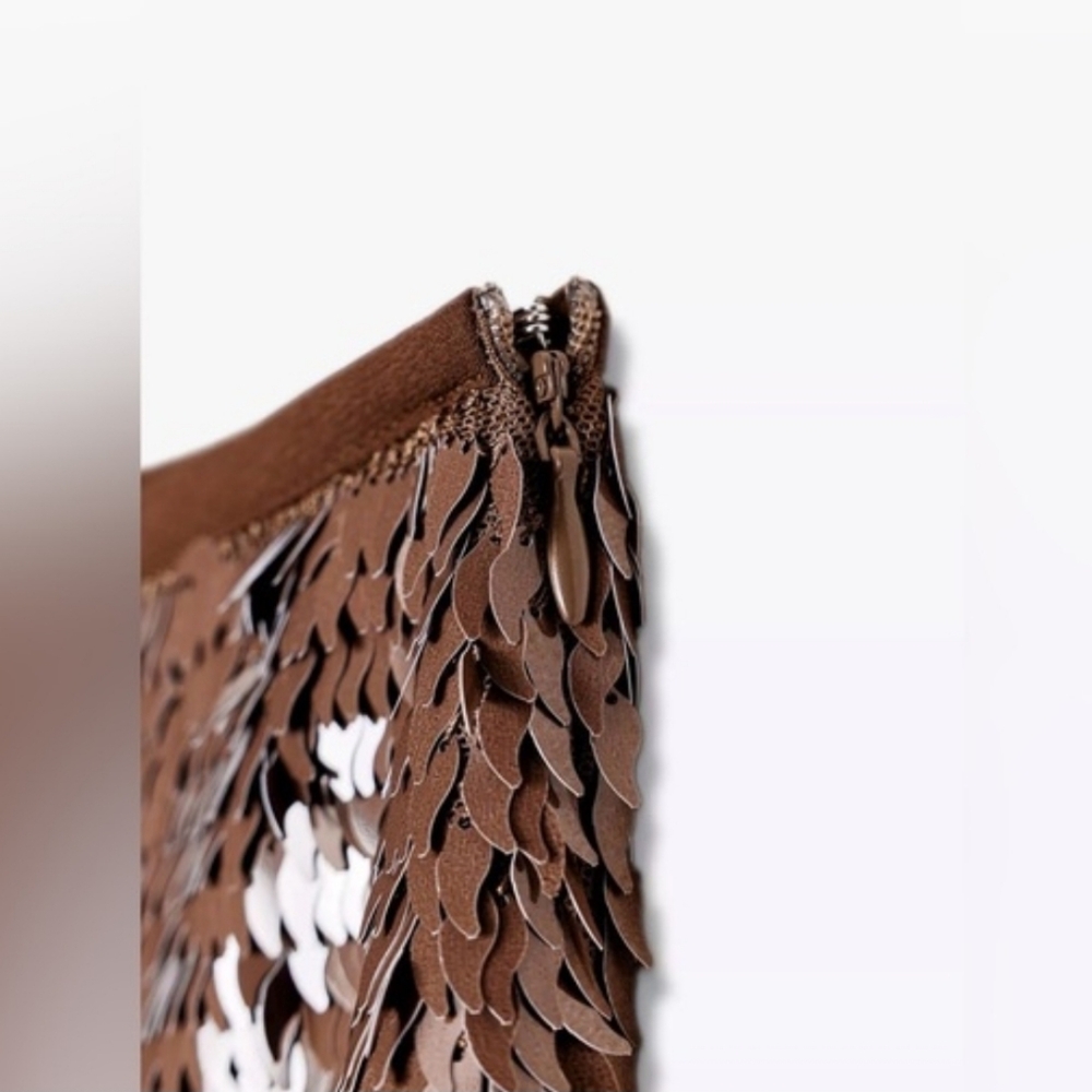 Zara SEQUIN MINI SKIRT BROWN - Picture 13 of 16